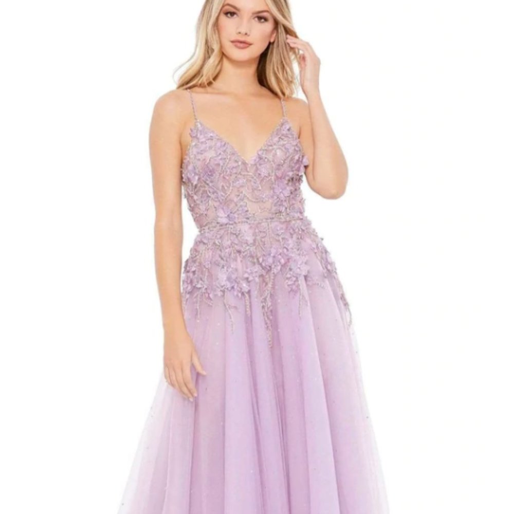 MAC DUGGAL 11207 EMBELLISHED FLORAL APPLIQUE HIGH LOW LILLAC GOWN sz 2